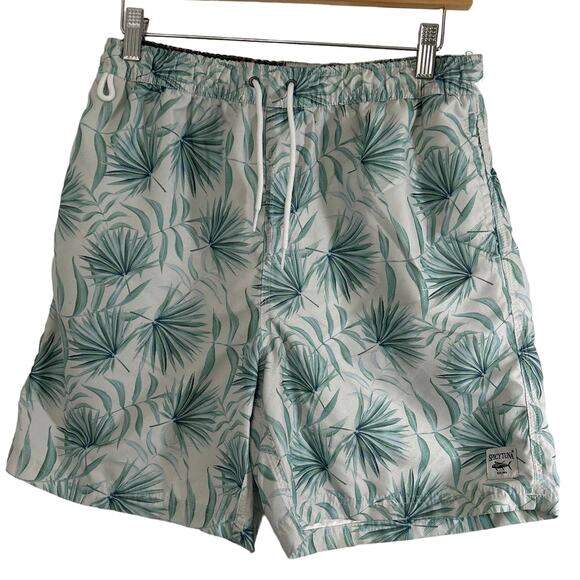 Spicy Tuna Swim Shorts Mens Size Medium Pockets Tropical Print White Green - Picture 1 of 7